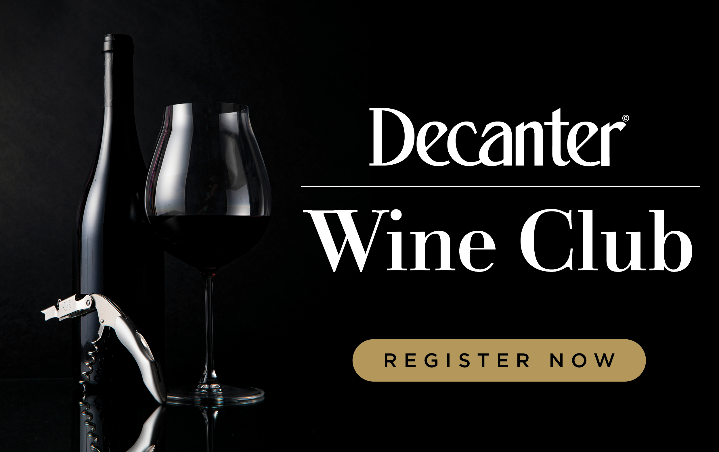 White text on a dark background reads: Decanter Wine Club – Register Now
