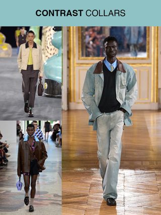 A collage highlighting the "Contrast Collars" trend at the men's spring summer 2025 shows, with images from Dior, Auralee, and Gucci.