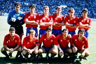 Spain players line up ahead of a game at the 1990 World Cup.