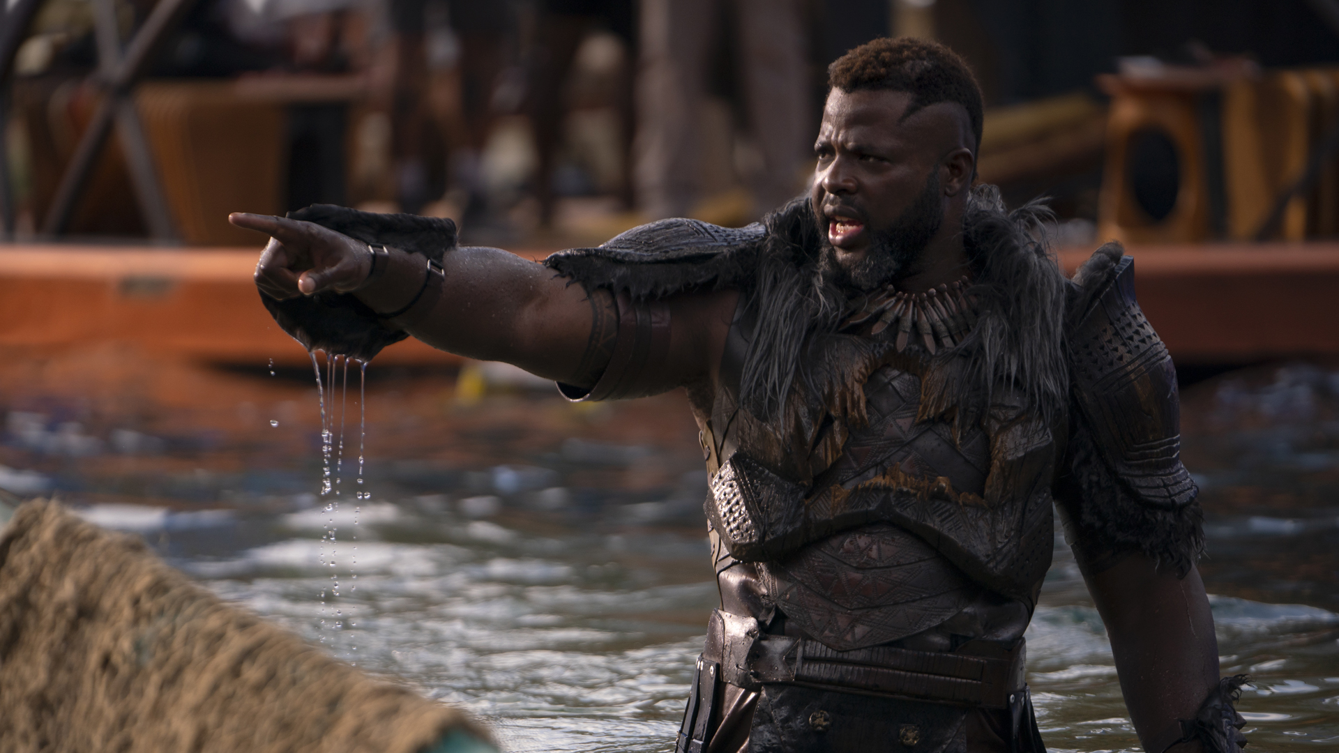 M'Baku points at some Talokanil enemies in Black Panther: Wakanda Forever