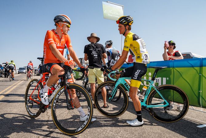 Rob Britton (Rally Cycling) and Sepp Kuss (LottoNL-Jumbo) have a chat before the start of stage 3 at the 2018 Tour of Utah