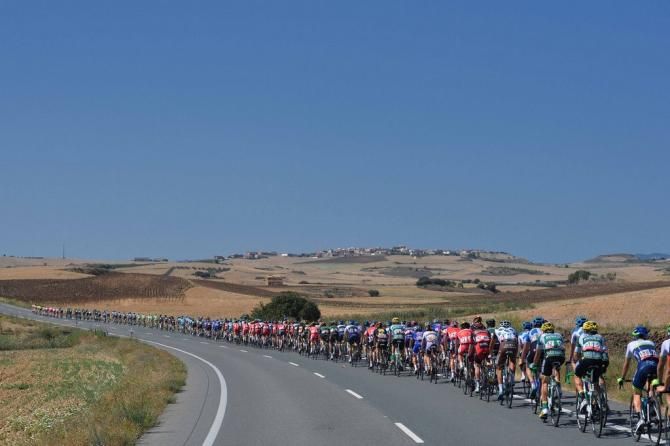 The peloton stretched out on the road from Pamplona