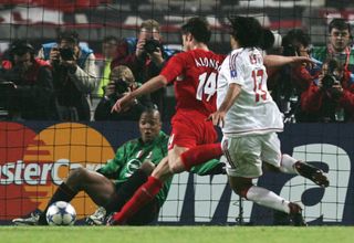 Xabi Alonso scores Liverpool's equalising goal against AC Milan in the 2005 Champions League final in Istanbul.