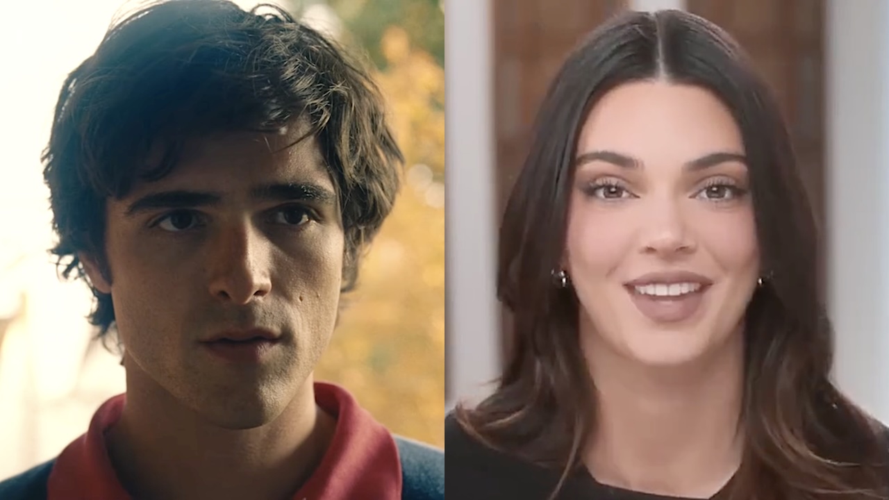 Jacob Elordi in Saltburn/ Kendall Jenner in confessional for The Kardashians (side by side image)