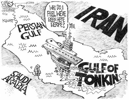Political Cartoon U.S. Gulf of Tonkin Vietnam Iran Oil Tankers War