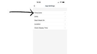 Display of where to find the Time Zone option with in the App Settings option on the Fitbit app when changing the time