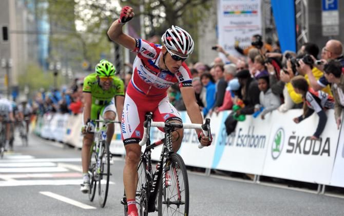 Simon Spilak (Katusha) celebrates victory at the Rund um den Finanzplatz Eschborn-Frankfurt