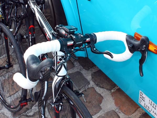 A common sight at Paris-Roubaix: double-wrapped bar and top-mount brake levers.