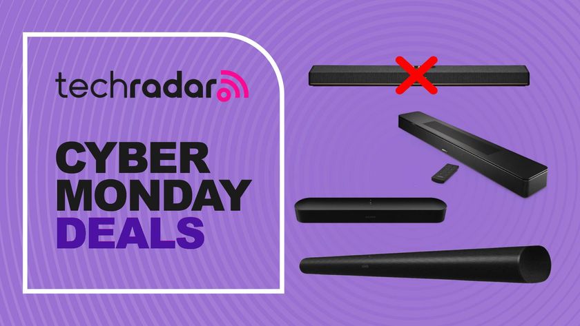 Marshall Heston 120 with cross, alongside Bose and Sonos soundbars with words &#039;TechRadar: Cyber Monday deals&#039;