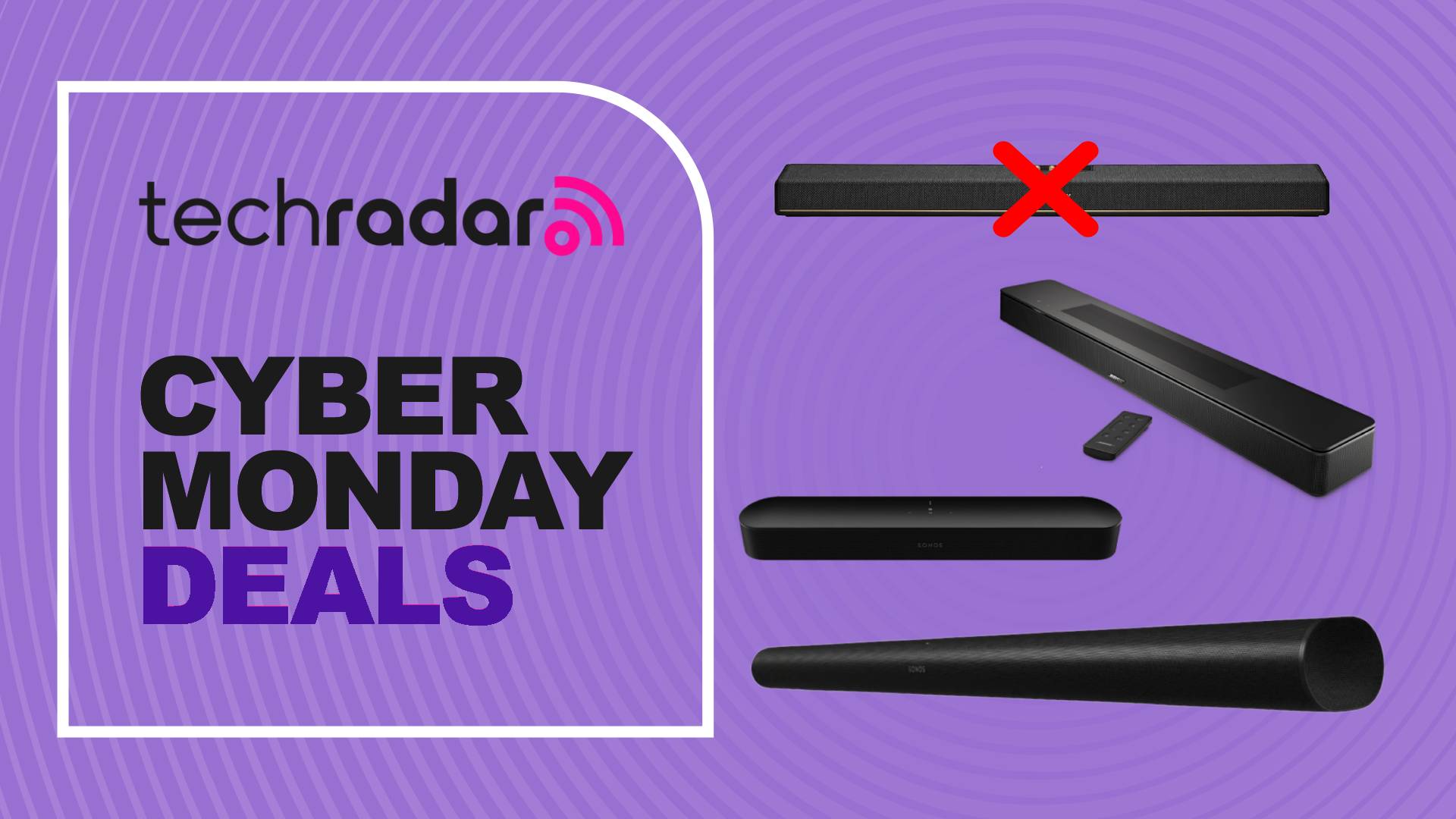 Marshall Heston 120 with cross, alongside Bose and Sonos soundbars with words &#039;TechRadar: Cyber Monday deals&#039;