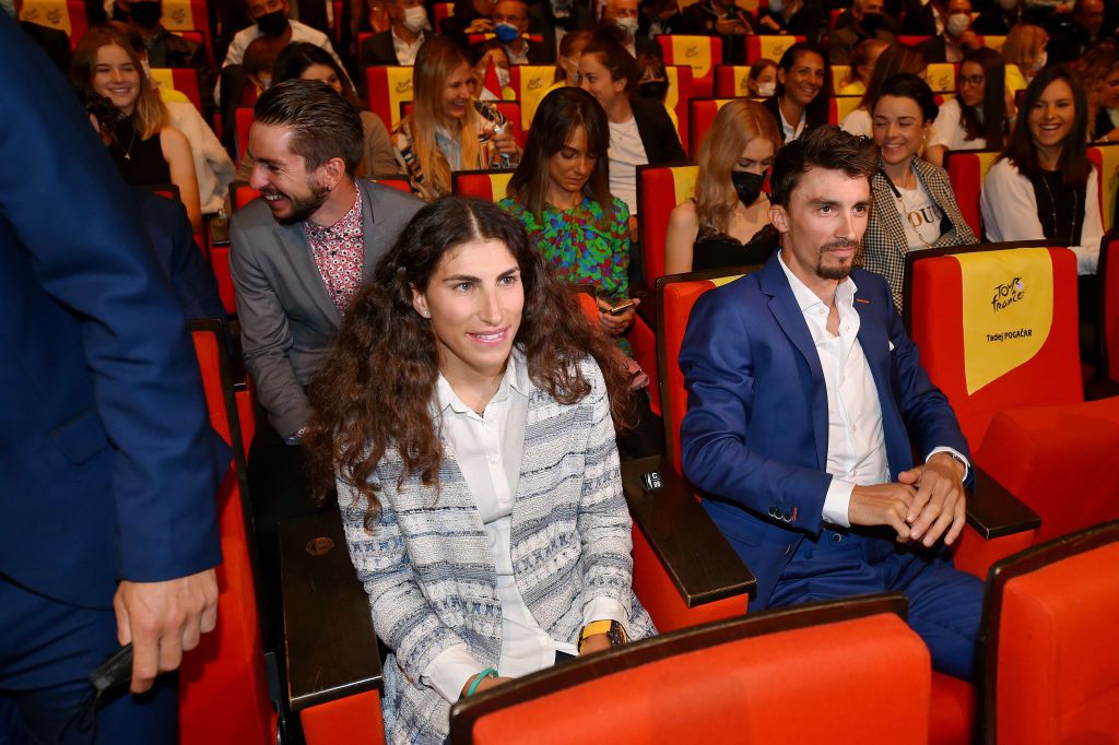 PARIS FRANCE OCTOBER 14 LR Elisa Balsamo of Italy and Team Valcar Travel Service and Julian Alaphilippe of France and Team Deceuninck QuickStep World Champion riders during the 109th Tour de France 2022 And 1st Tour de France Femmes 2022 Route Presentation TDF2022 LeTour on October 14 2021 in Paris France Photo by Luc ClaessenGetty Images