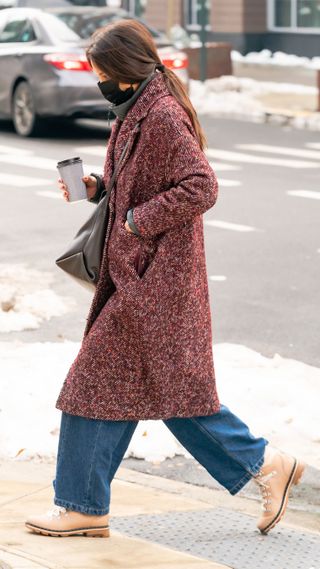 Katie Holmes walks holding a drink in Brooklyn on December 21, 2020