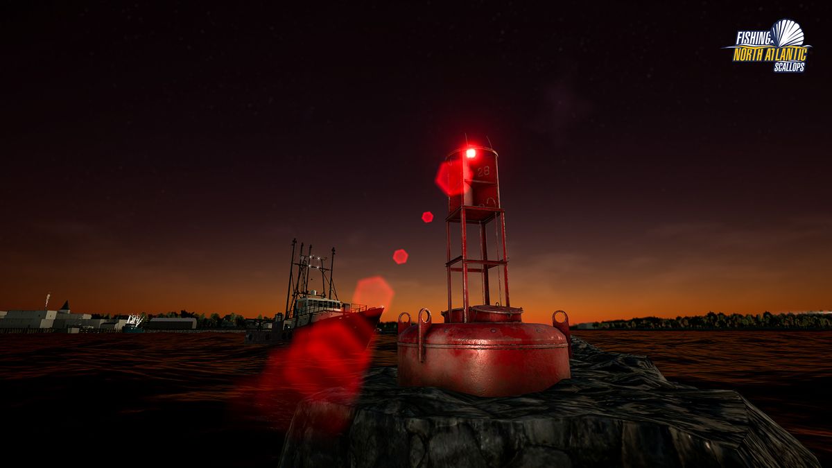 A screenshot from the game Fishing: North Atlantic's Scallops expansion. There are boats and scallops.