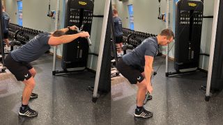 Trainer Luiz Silva demonstrates two positions of the straight-arm cable pull-down