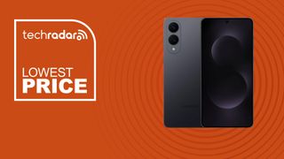 The Samsung Galaxy S25 Edge on an orange background with text saying Lowest Price.