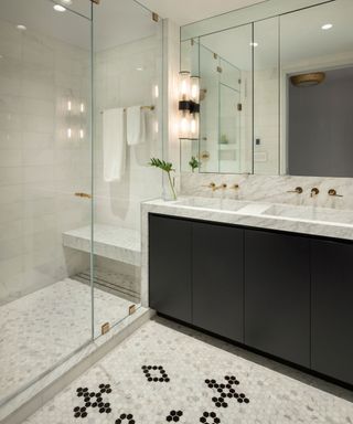 monochrome mosaic bathroom floor with contemporary fixtures