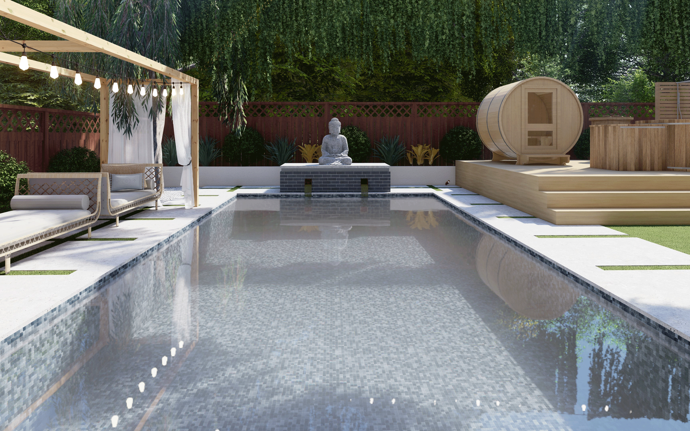 pool, sauna, pergola and day beds in modern garden design