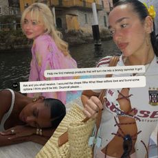 Collage of Sabrina Carpenter's, Dua Lipa's, and Jasmine Tookes' summer selfies taken in warm climates.