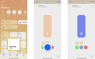 How to set a preset color for HomeKit lights in the Home app on iPhone by showing steps: Tap and hold on your Light, Tap a preset color, Tap the X to save your selection