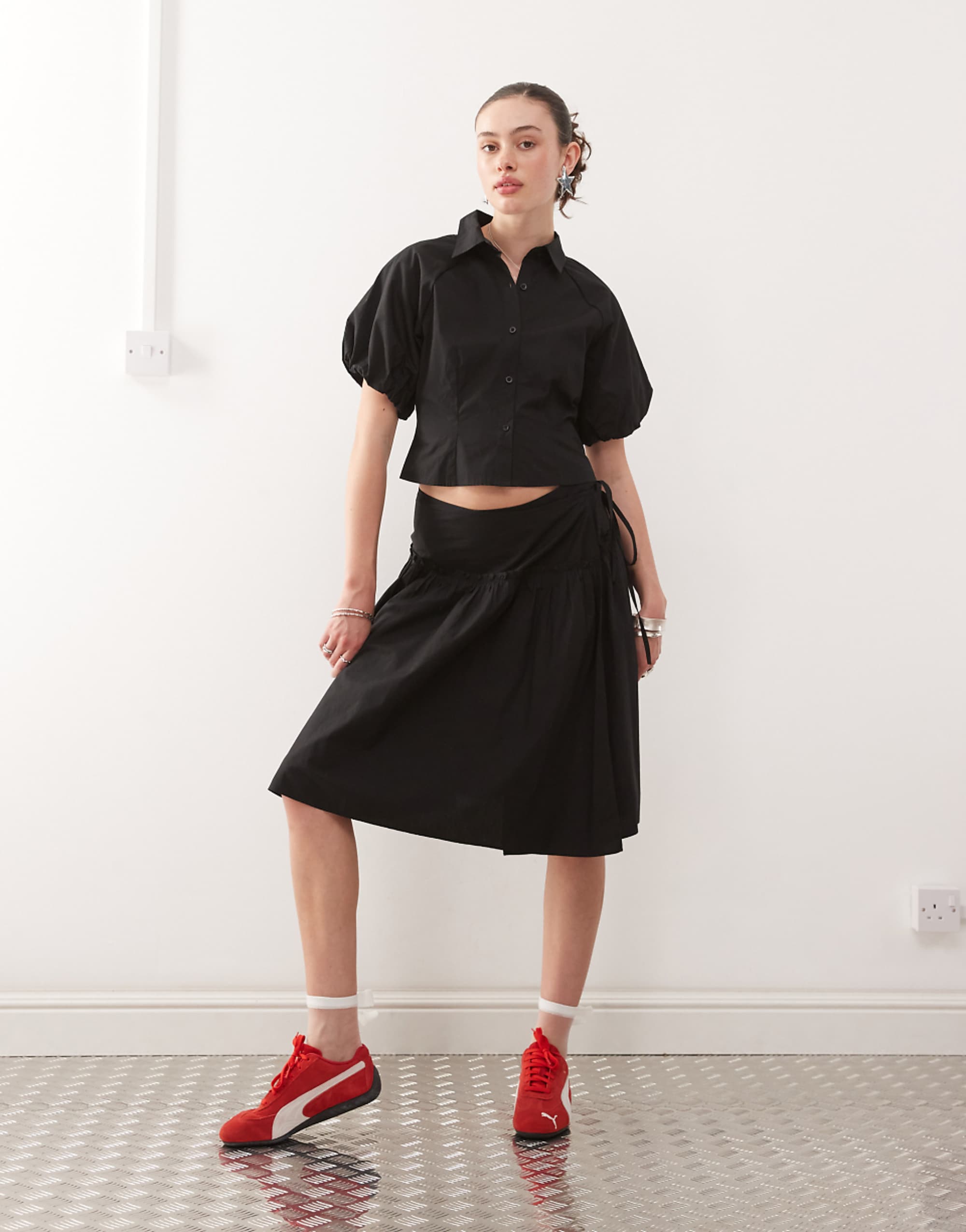 Collusion Drop Waist Poplin Skirt Co-Ord in Black