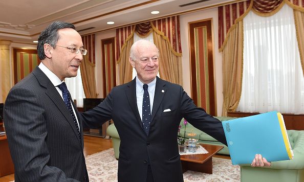 The United Nations&amp;#039; peace envoy for Syria, Staffan de Mistura, meets with Kazakh Foreign Minister Kairat Abdrakhmanov in Astana on January 22.