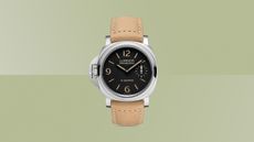 The Panerai Luminor Destro Otto Giorni on a green background