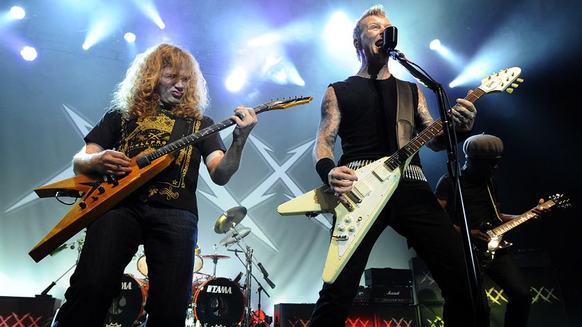 Dave Mustaine (L) and James Hetfield of Metallica perform at Day Four of the bands' 30th Anniversary shows at The Fillmore on December 10, 2011 in San Francisco, California