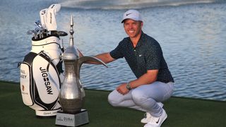 Paul Casey with the Dubai Desert Classic trophy after his 2021 victory