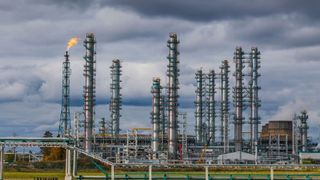Tobolsk, Russia. Petrochemical Industrial Complex. Oil refinery building industry