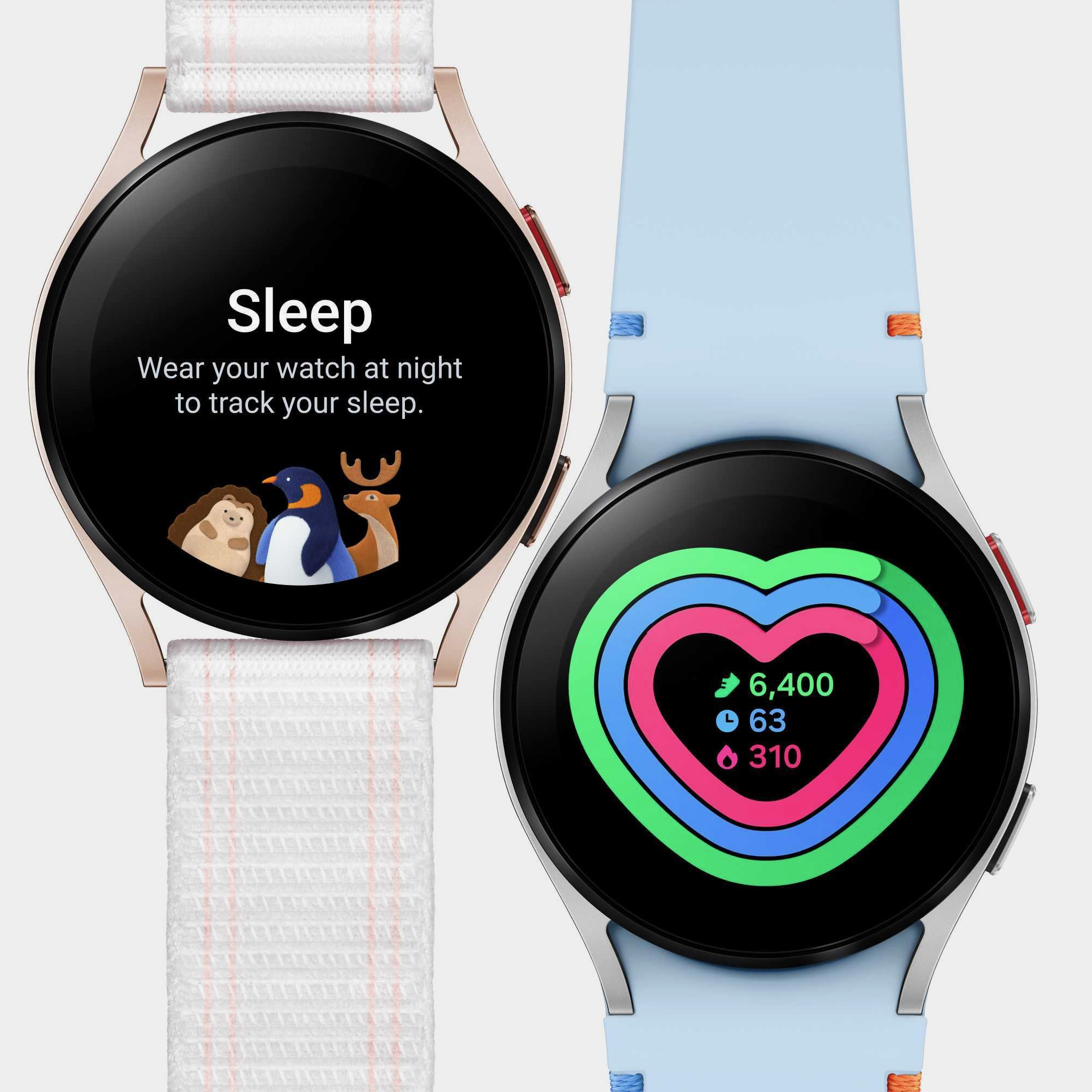 Representación de dos relojes Samsung Galaxy Watch FE, que muestran anillos de actividad y widget de suspensión