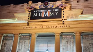 The Revenge of the Mummy attraction entrance, pictured at night, at Universal Studios Florida.