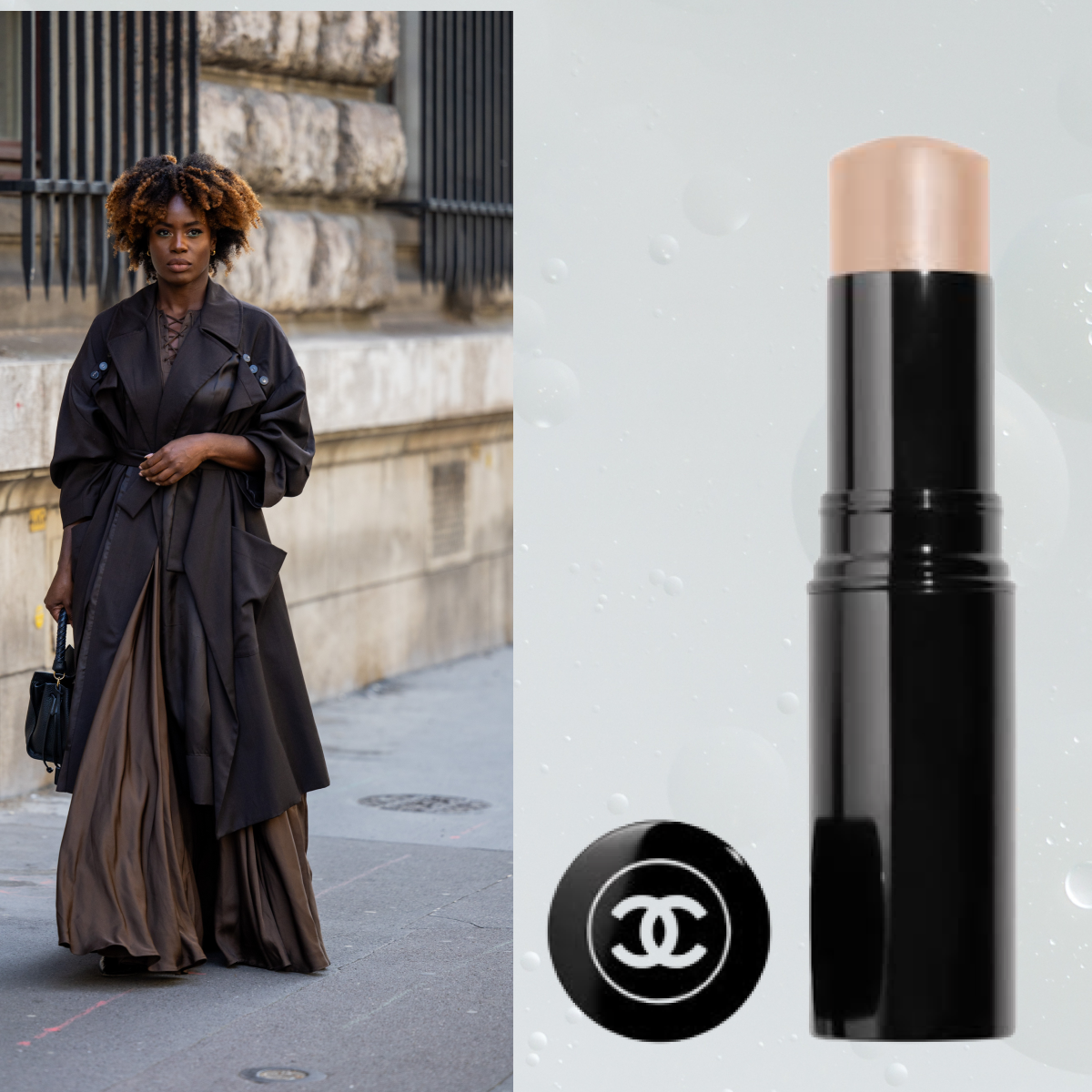 A woman wearing a black trench coat over a brown dress. She is next to a beauty product on sale.