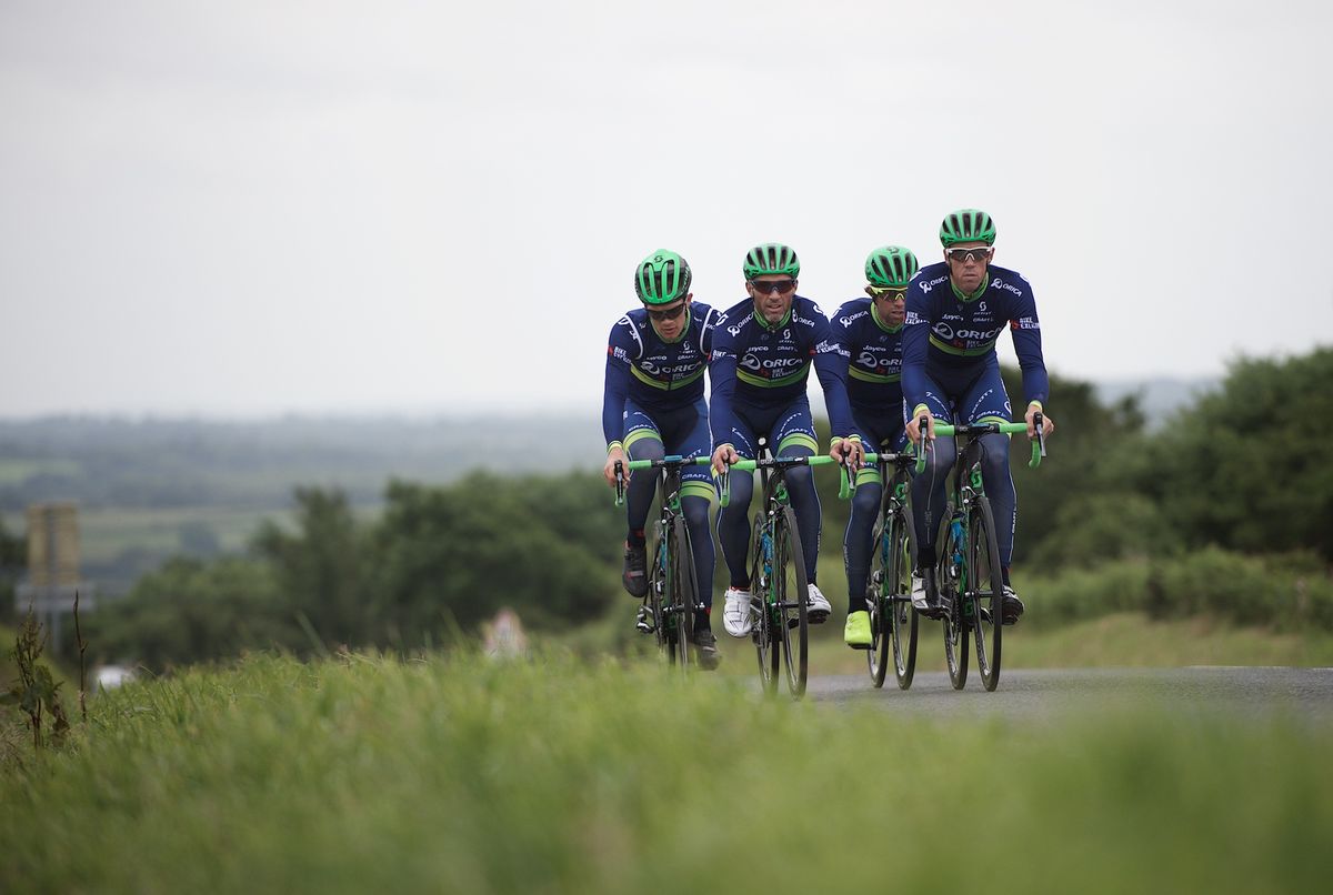 Several of Orica-BikeExchange's Tour de France riders model the new kit on the road