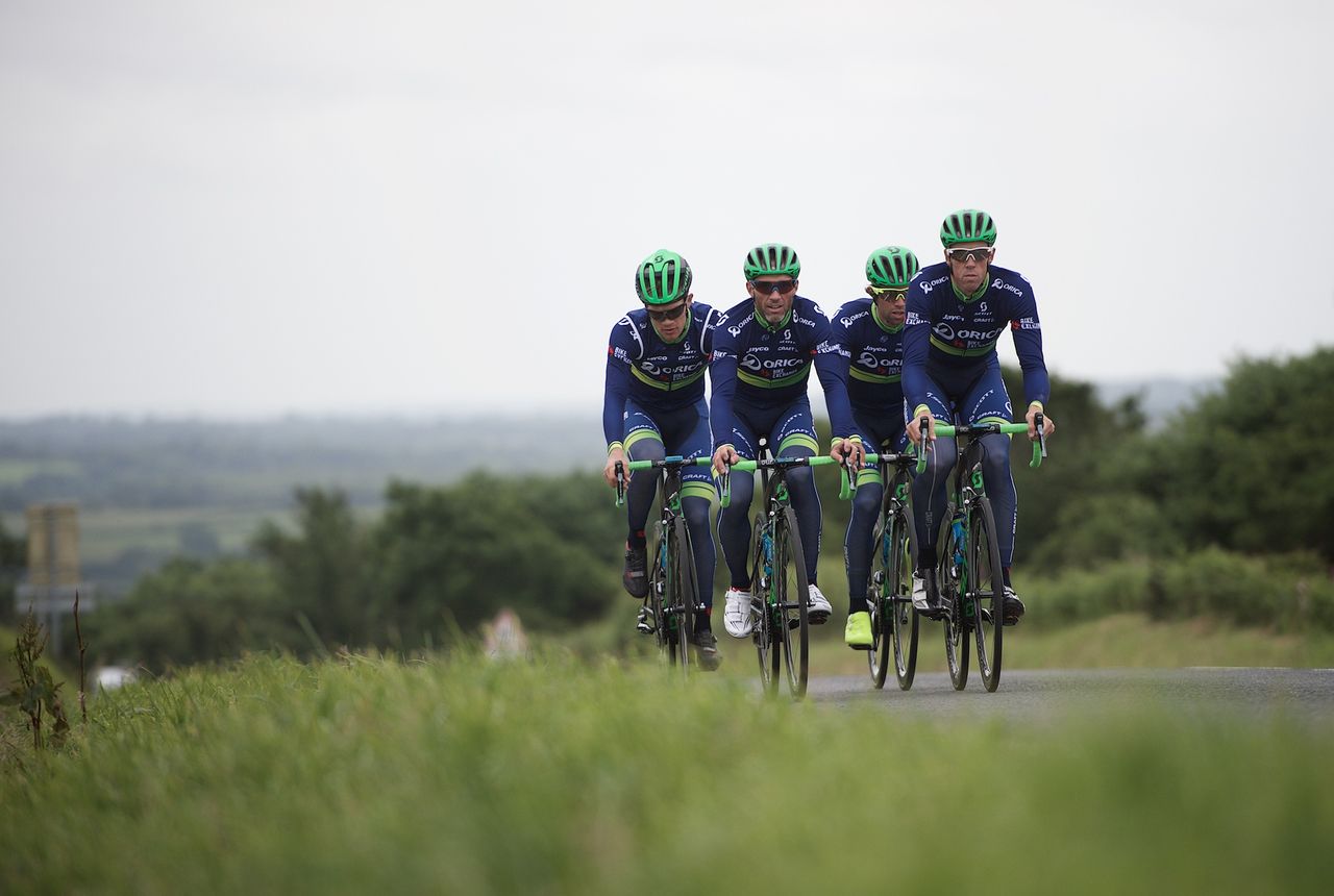 Several of Orica-BikeExchange's Tour de France riders model the new kit on the road
