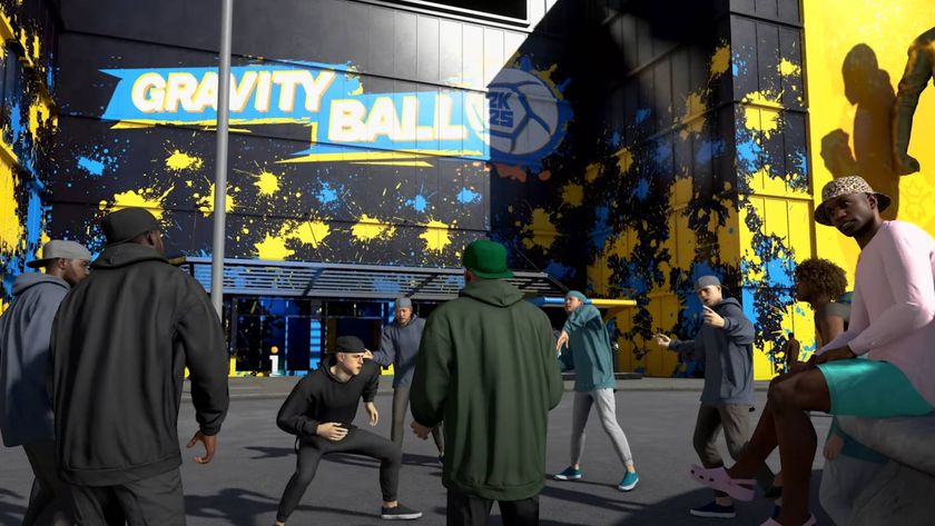 A screenshot from the reveal trailer for NBA 2K25: Gravity Ball, showing a group of people stood outside the Gravity Ball building.