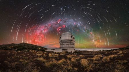 Observatory under a meteor shower with a colorful Milky Way arching across a starry night sky