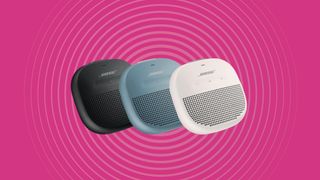Bose Soundlink Micro speakers in three colors on pink background