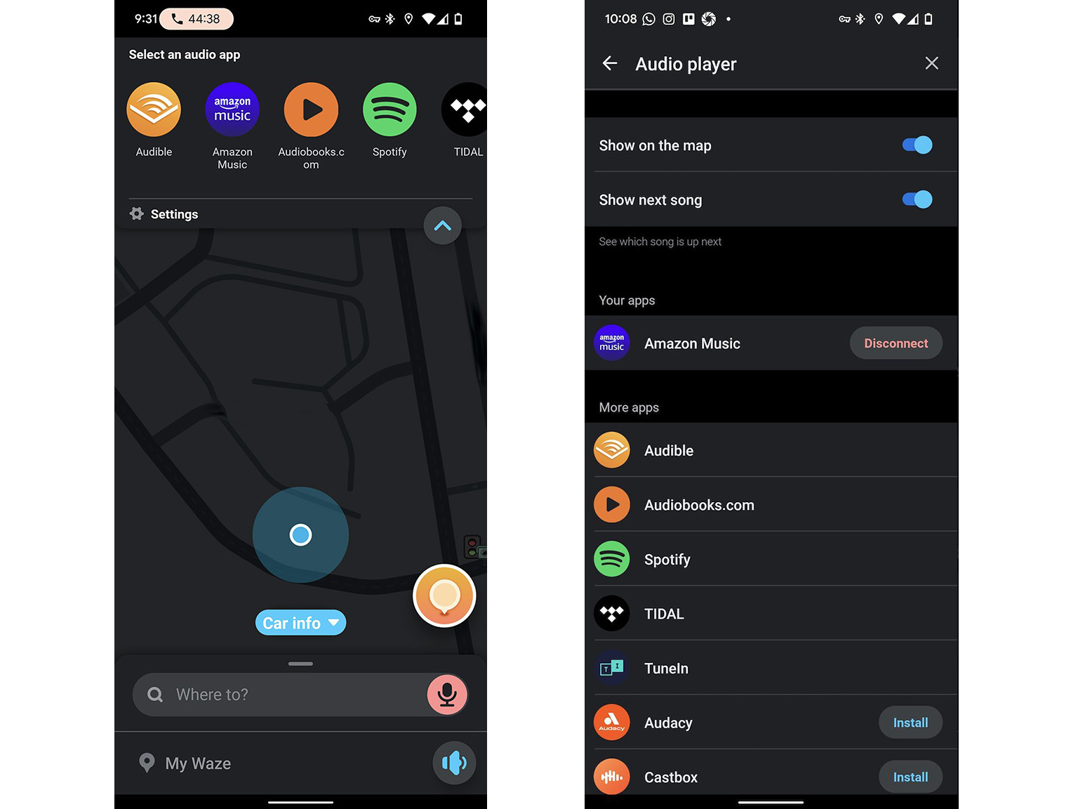 Ses uygulamaları ekleyen Waze ekran görüntüleri.