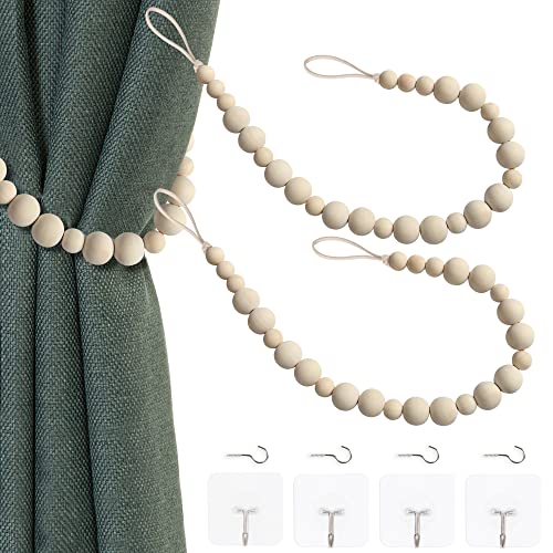 2 Pieces Wood Bead Curtain Tieback Boho Curtain Tiebacks Curtain Holdbacks for Wall Curtain Ties Window Treatment Drape Tie Back With Hooks for Bedroom Wall Dining Decoration (wood Color,2)