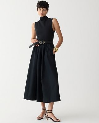 Fitted Knit Mockneck Dress With Poplin Skirt