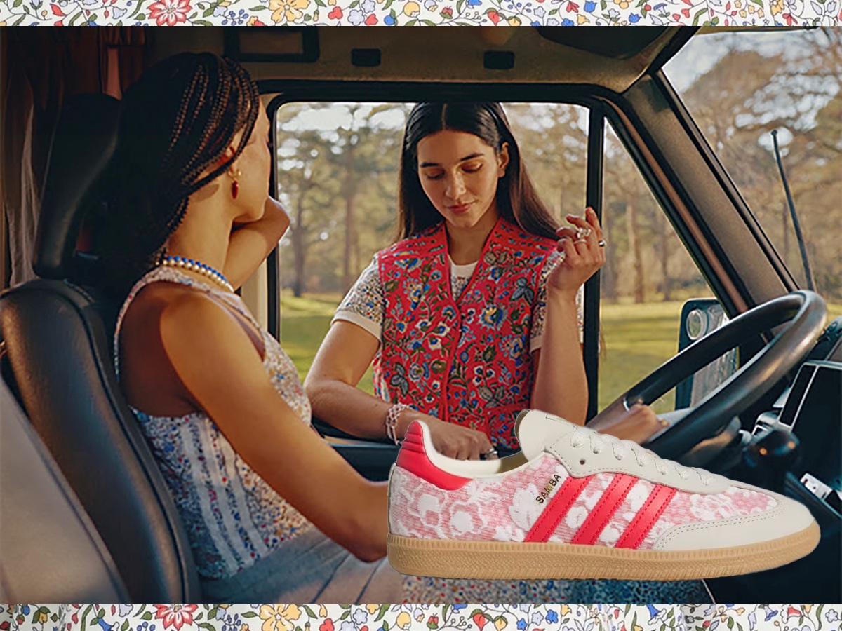 Adidas and Liberty London collaboration campaign imagery of two women in a camper van wearing sporty floral-print pieces with a collaged printed Samba sneaker
