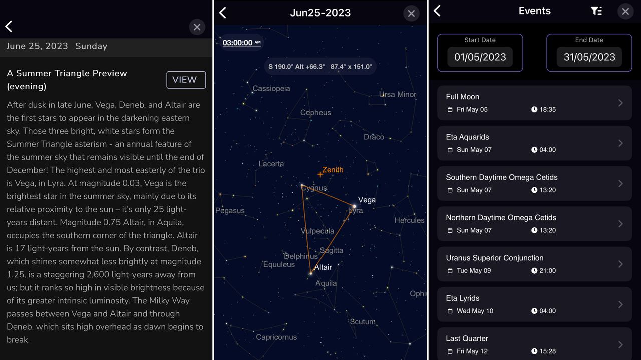 Calendar view with an example of the Summer Triangle asterism set against the night sky.