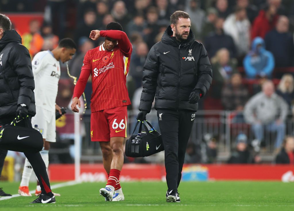 LIVERPOOL, ENGLAND - NOVEMBER 09: Trent Alexander-Arnold of Liverpool leaves the pitch following an injury during the Premier League match between Liverpool FC and Aston Villa FC at Anfield on November 09, 2024 in Liverpool, England. (Photo by Carl Recine/Getty Images)