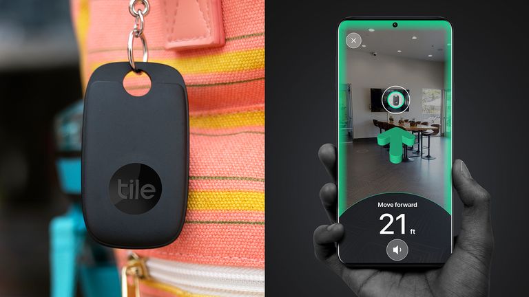 Tile track hanging on backpack, with phone showing new AR features