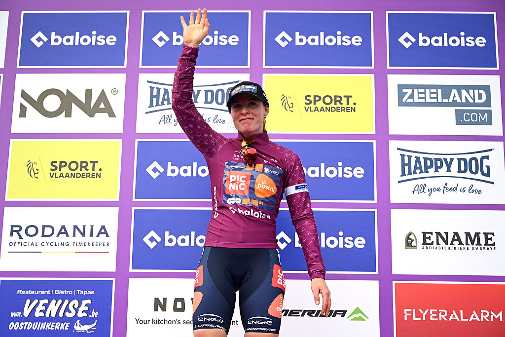 KNOKKE-HEIST, BELGIUM - JULY 17: Charlotte Kool of Netherlands and Team Picnic PostNL celebrates at podium as Purple Leader Jersey winner during the 11th Baloise Ladies Tour 2025, Stage 1 a 127.2km stage from Jabbeke to Knokke-Heist on July 17, 2025 in Knokke-Heist, Belgium. (Photo by Luc Claessen/Getty Images)