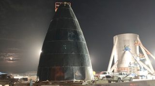The two sections of SpaceX's Starship "hopper" test vehicle at the company's South Texas site in December 2018.