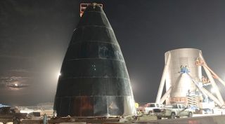 The two sections of SpaceX's Starship "hopper" test vehicle as seen in December 2018.