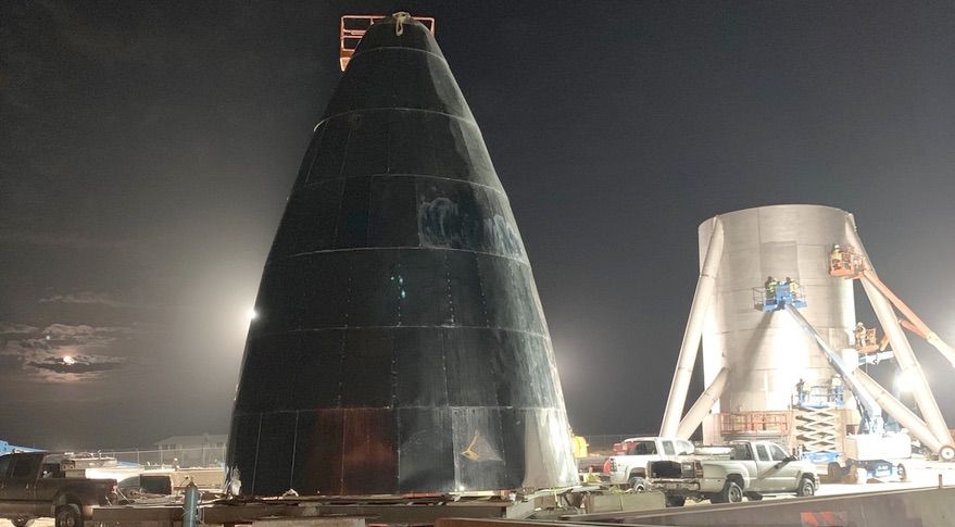 The two sections of SpaceX&#039;s Starship &quot;hopper&quot; test vehicle at the company&#039;s South Texas site in December 2018.