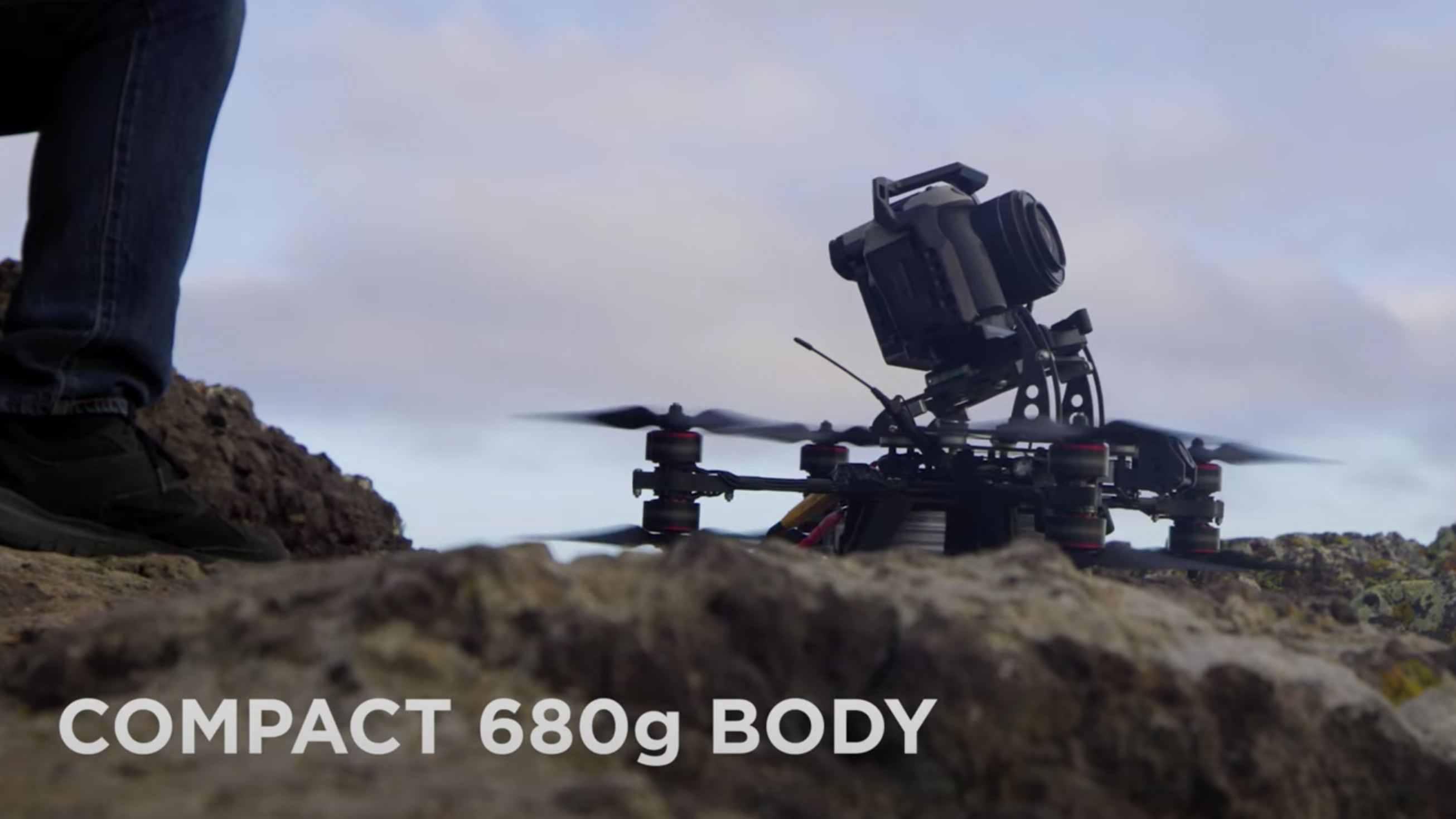 The Canon EOS R5 C camera mounted on a drone