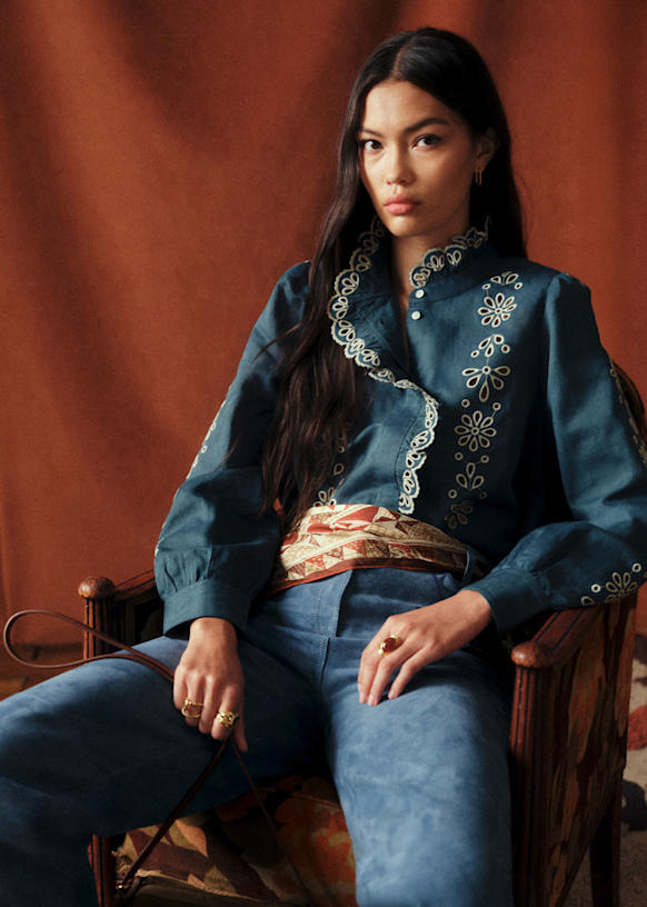 Coline Shirt - S&amp;eacute;zane X Baziszt - Lia Ecru Fond Indigo - Organic Cotton - S&amp;eacute;zane